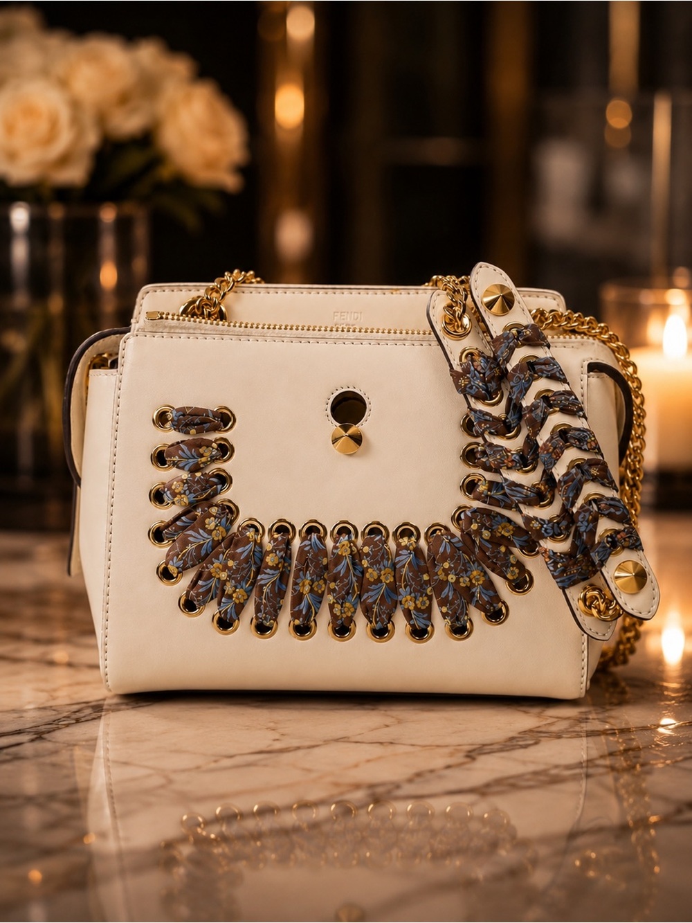 Fendi White Leather Dot Com Chain Shoulder Bag | Full Inclusion